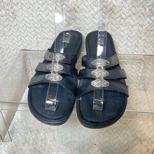 Minnetonka Black Leather Sandal Silver Tone Details Women Size 9 90s rocker boho